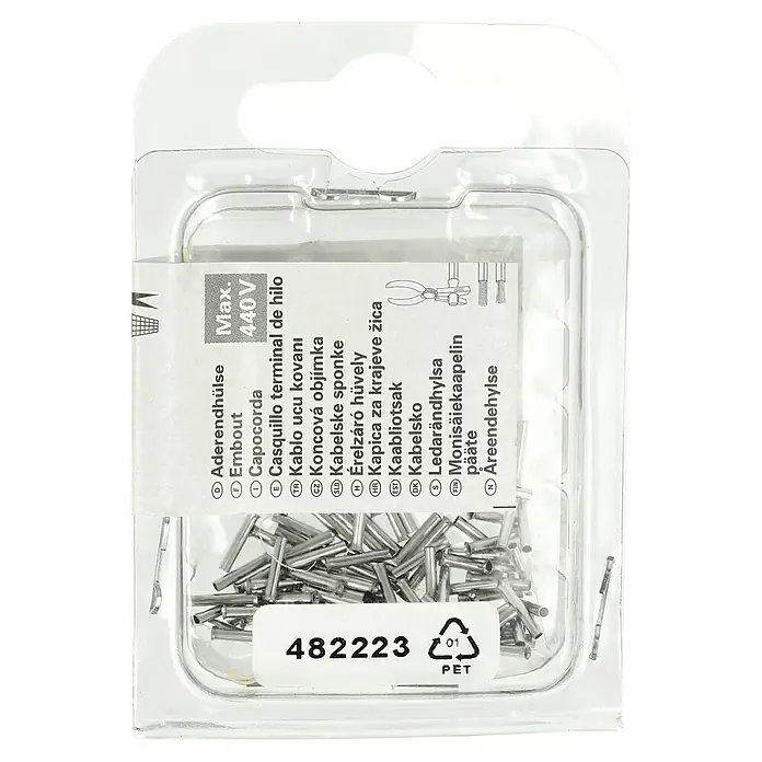 BAUHAUS Aderendhülse - 0,75 mm² x 8 mm, 100 Stk. - Eine transparente Blisterpackung mit Aderendhülsen, beschriftet mit Produktinformationen und Recyclinghinweisen.