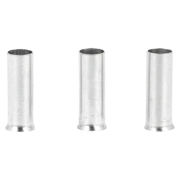 BAUHAUS Aderendhülse - 4 mm² x 8 mm, 50 Stk. - Drei Silberhülsen, die für industrielle Anwendungen oder Befestigungszwecke verwendet werden können, im Detail.
