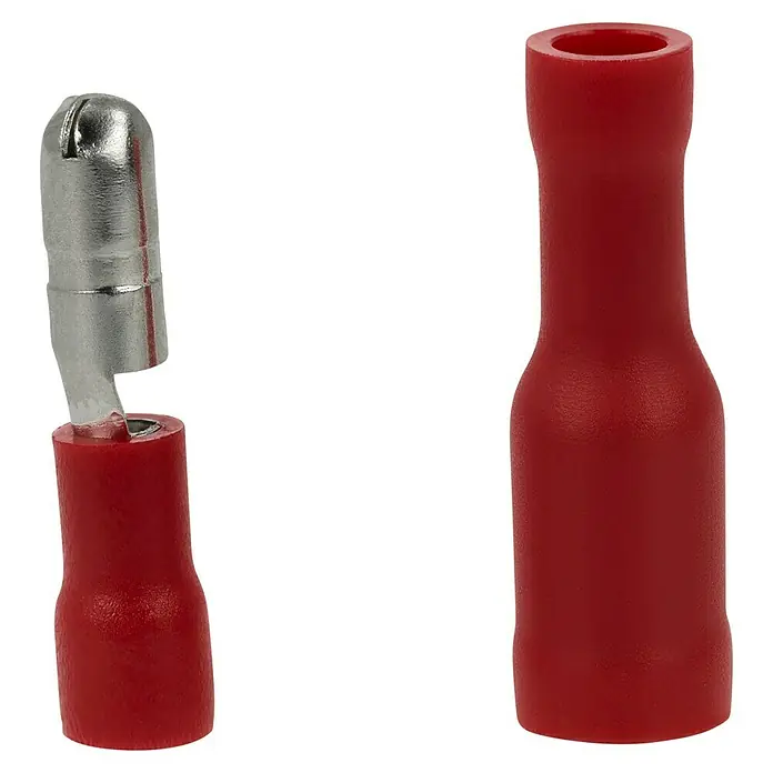 BAUHAUS Kabelschuhsortiment Set isoliert - 1,5 mm, 10 x Rundstecker, 10 x Rundsteckhülse - Nahaufnahme von zwei isolierten Aderendhülsen, eine rot, eine mit Metallende.