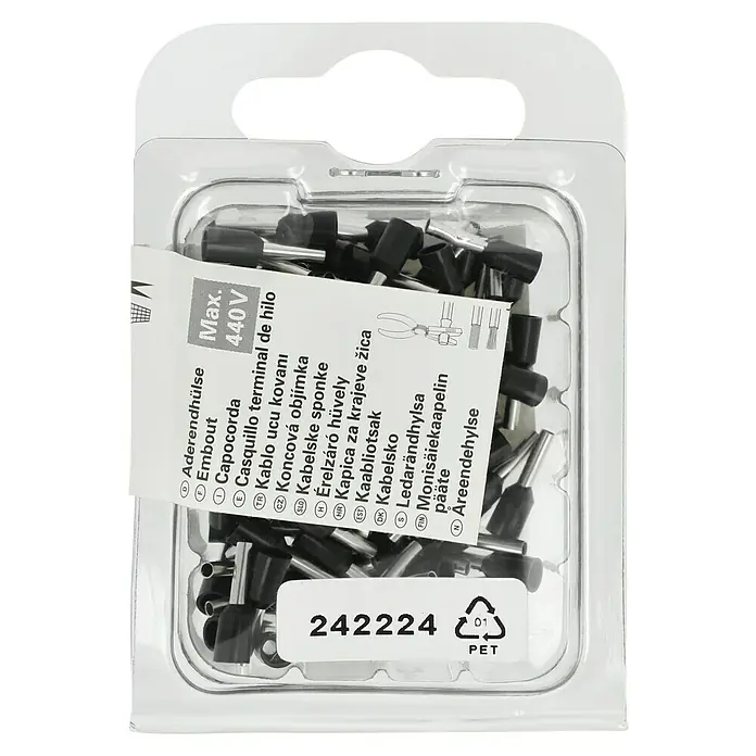 Voltomat Aderendhülse - 1,5 mm² x 8 mm, 100 Stk. - Crimpkontakte mit schwarzer Isolierung in einer transparenten Verpackung.