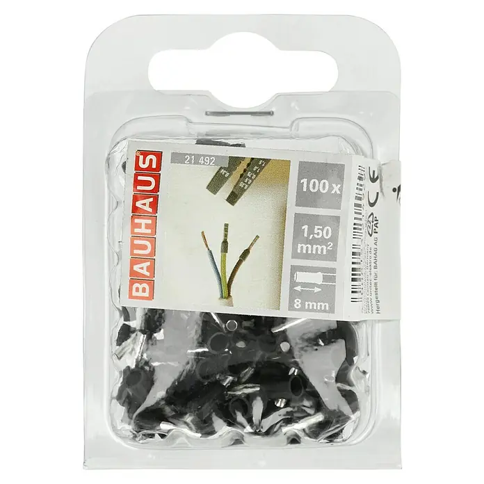 Voltomat Aderendhülse - 1,5 mm² x 8 mm, 100 Stk. - Eine Packung mit 100 Aderendhülsen der Marke Bauhaus, 1,50 mm², 8 mm Länge, zur sicheren Verbindung von Elektrokabeln.