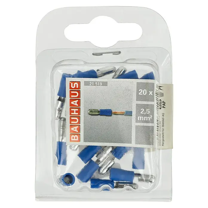 BAUHAUS Rundstecker Set isoliert - 2,5 mm², 10 x Rundstecker, 10 x Rundsteckhülse - Eine Packung mit 20 blauen und silbernen Aderendhülsen von Bauhaus, geeignet für 2,5 mm² Kabel.