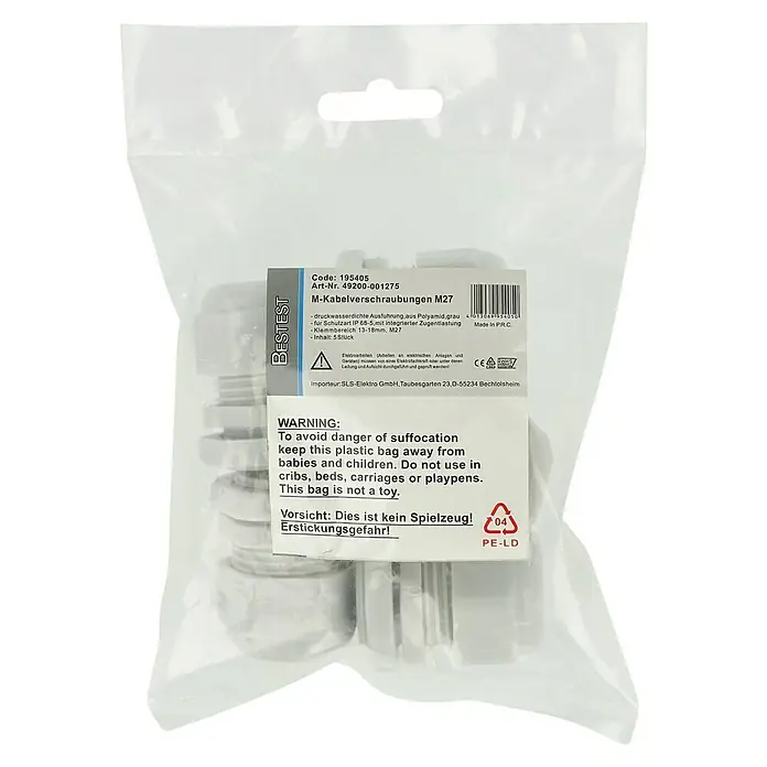Kabelverschraubung - Grau, M 27, IP65, 5 Stk. - Eine Verpackung mit M27 Kabelverschraubungen von BESTEST, grau, druckwasserdicht und mit integrierter Zugentlastung für Schutzart IP 68-5.