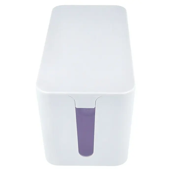 Hama Kabelbox Mini - Weiß - Ein weißer, rechteckiger Behälter mit einer Aussparung, die mit einer violetten Flüssigkeit gefüllt ist, steht vor einem dunklen Hintergrund.