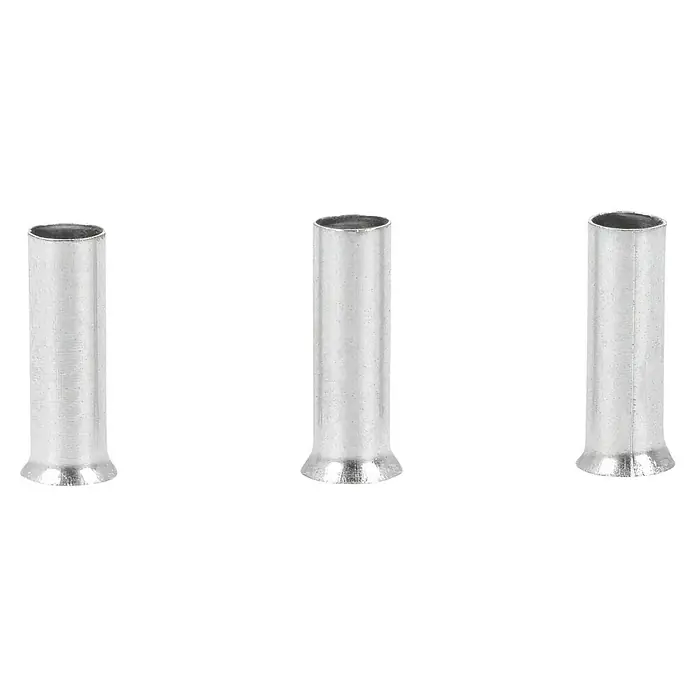 BAUHAUS Aderendhülse - 2,5 mm² x 8 mm, 100 Stk. - Nahaufnahme von drei Kabelschuhen aus Metall, die für elektrische Verbindungen verwendet werden. Sie sind sauber und unbeschädigt.