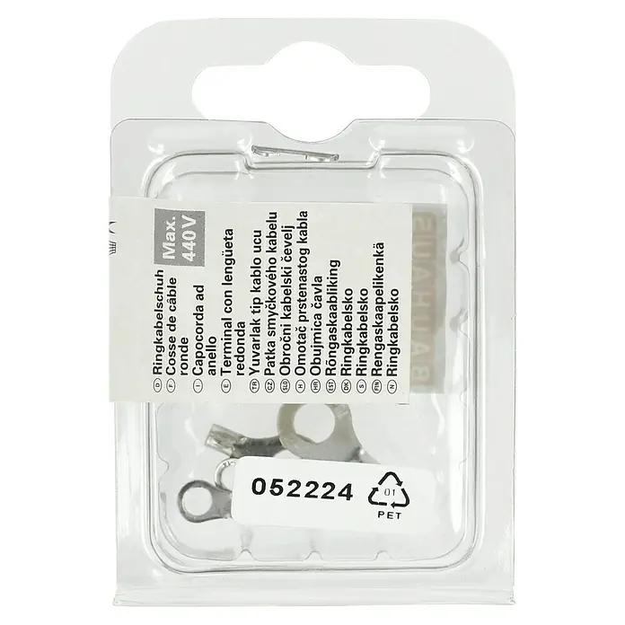 Ring-Kabelschuhe - Silber, 4 - 6 mm², 4 Stk. - Verpackung mit Ringkabelschuhen, geeignet für max. 440V, mit verschiedenen Übersetzungen des Begriffs "Ringkabelschuh".