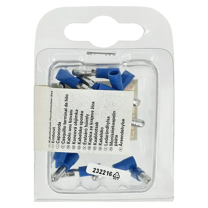 BAUHAUS Rundstecker Set isoliert - 2,5 mm², 10 x Rundstecker, 10 x Rundsteckhülse - Abbildung eines Sets von blauen Kabelschuhen mit runden Steckverbindern in einer transparenten Verpackung.