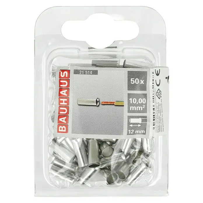 BAUHAUS Aderendhülse - 10 mm² x 12 mm, 50 Stk. - Verpackung mit 50 Aderendhülsen von Bauhaus, geeignet für 10,00 mm² Kabel, mit einer Länge von 12 mm, ideal für sichere elektrische Verbindungen.