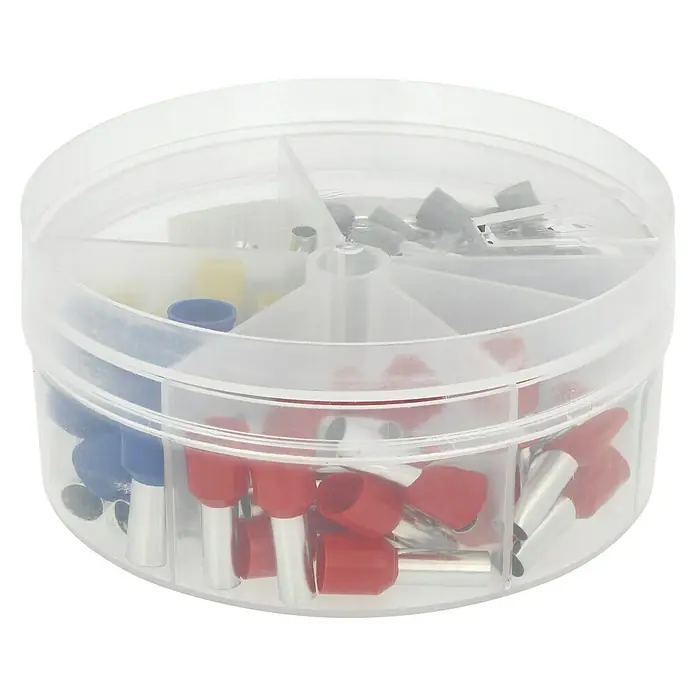 Voltomat Aderendhülsen-Box - 4 - 16 mm², 100 Stk. - Eine durchsichtige runde Dose mit verschiedenen Aderendhülsen in den Farben Rot, Blau, Gelb und Grau.