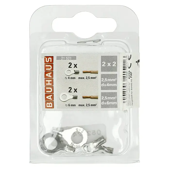 Ring-Kabelschuhe - Silber, 4 - 6 mm², 4 Stk. - Eine Packung BAUHAUS Kabelschuhe mit Ringösen in zwei Größen: 4mm und 6mm, jeweils 2 Stück. Ideal für sichere elektrische Verbindungen.