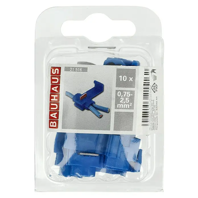 BAUHAUS Schnellverbinder - 10 Stk., Blau - Bild einer Packung mit 10 blauen Stromdieben der Marke Bauhaus, geeignet für Kabel mit 0,75-2,5 mm² Querschnitt.