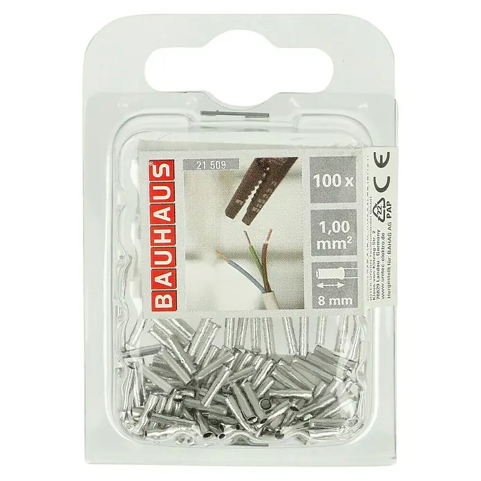 BAUHAUS Aderendhülse - 1 mm² x 8 mm, 100 Stk. - Eine Packung mit 100 Aderendhülsen von Bauhaus, 1,00 mm², Länge 8 mm, für elektrische Kabelverbindungen.