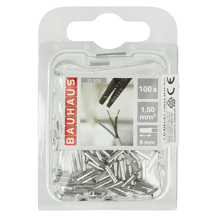 BAUHAUS Aderendhülse - 1,5 mm² x 8 mm, 100 Stk. - Eine Packung mit 100 Aderendhülsen von Bauhaus, 1,50 mm² Querschnitt, 8 mm Länge, verpackt in einer durchsichtigen Kunststoffverpackung.