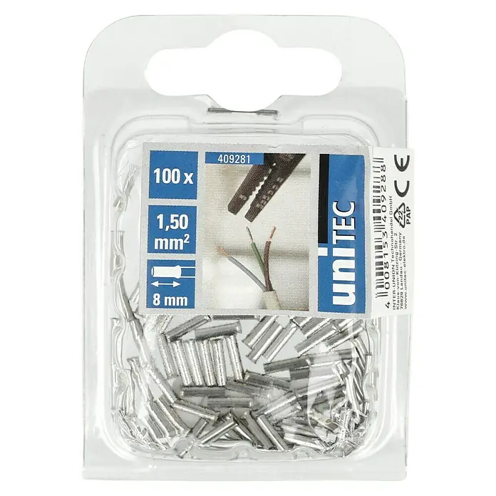 UniTEC Aderendhülse - 1,5 mm² x 7 mm, 100 Stk. - Eine transparente Verpackung von UNITEC Aderendhülsen, 1,50 mm², 8 mm, 100 Stück, für sichere elektrische Verbindungen.