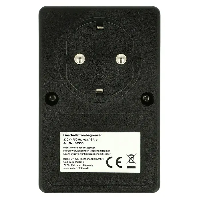 UniTEC Einschaltstrombegrenzer - 16 A, 250 V - Produktansicht: Ein schwarzer Einschaltstrombegrenzer mit Steckdose und technischen Informationen auf der Rückseite.