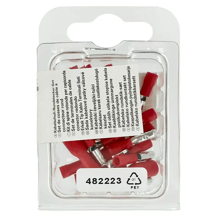 BAUHAUS Kabelschuhsortiment Set isoliert - 1,5 mm, 10 x Rundstecker, 10 x Rundsteckhülse - Abbildung eines Sets von Kabelschuhen mit runden Steckern, die in einer transparenten Verpackung präsentiert werden.