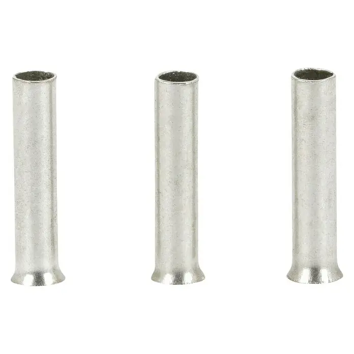 BAUHAUS Aderendhülse - 1 mm² x 8 mm, 100 Stk. - Drei isolierte Aderendhülsen aus Metall vor einem transparenten Hintergrund.