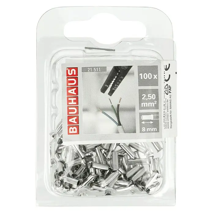 BAUHAUS Aderendhülse - 2,5 mm² x 8 mm, 100 Stk. - Bild einer Packung mit 100 Aderendhülsen von Bauhaus, geeignet für 2,50 mm² Kabel und einer Länge von 8 mm.