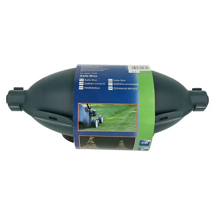 REV Safe-Box - Grün, IP44 - Das Bild zeigt eine Safe-Box-Verpackung, die eine wetterfeste Aufbewahrungslösung für den Außenbereich verspricht. Zu sehen sind eine Rasenmäherszene und IP44-Schutz.