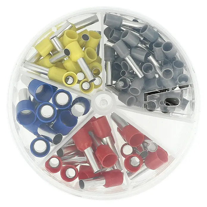 Voltomat Aderendhülsen-Box - 4 - 16 mm², 100 Stk. - Rundsortierbox mit verschiedenen Aderendhülsen in Gelb, Grau, Blau und Rot, die eine sichere und farbcodierte Verbindung gewährleisten.