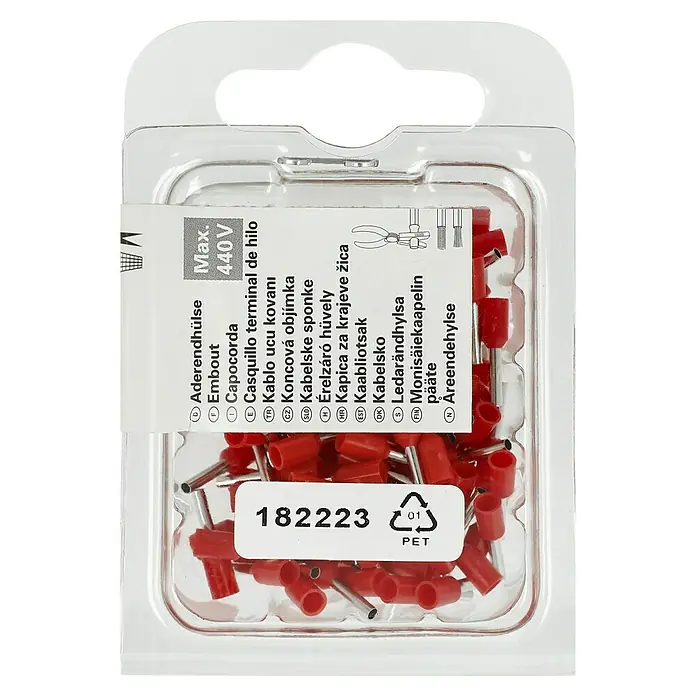 Voltomat Aderendhülse - 1 mm² x 8 mm, 100 Stk. - Bild einer durchsichtigen Verpackung mit Aderendhülsen, die für elektrische Verbindungen verwendet werden.