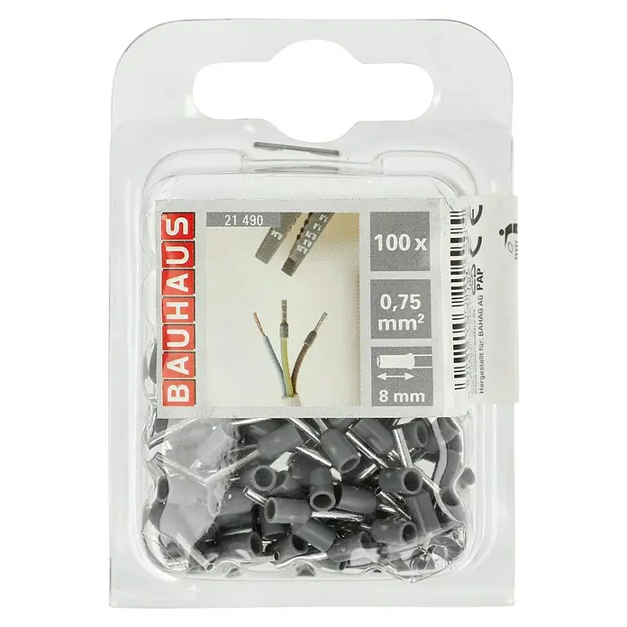 Voltomat Aderendhülse - 0,75 mm² x 8 mm, 100 Stk. - Eine Packung mit 100 Aderendhülsen, geeignet für 0,75 mm² Kabel, mit einer Hülsenlänge von 8 mm, verpackt von Bauhaus.