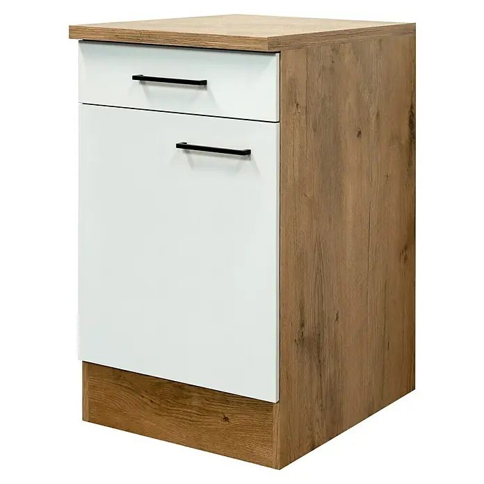 Flex-Well Avila Küchen-Unterschrank - B x T x H: 50 x 60 x 85 cm, Magnolia matt - Weißer Unterschrank mit zwei Schubladen, heller Holzplatte, Seiten und Sockel, mit schwarzen Griffen.