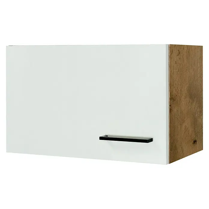 Flex-Well Avila Küchen-Hängeschrank - B x T x H: 60 x 32 x 32 cm, Magnolia matt - Weißer Wandschrank mit schwarzem Griff und Holzseitenwand.