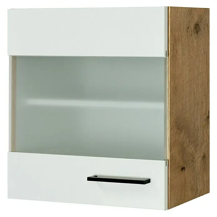 Flex-Well Avila Glas-Hängeschrank - B x T x H: 50 x 32 x 54,8 cm, Magnolia matt - Weißer und holzfarbener Wandschrank mit satiniertem Glasfach und schwarzem Griff.