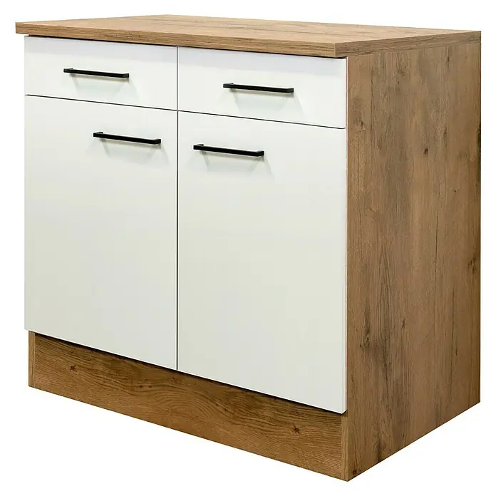 Flex-Well Avila Küchen-Unterschrank - B x T x H: 80 x 60 x 85 cm, Magnolia matt - Weiß-holzfarbener Schrank mit zwei Schubladen und zwei Türen, schwarzen Griffen.