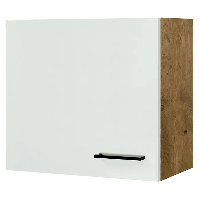 Flex-Well Avila Küchen-Hängeschrank - B x T x H: 60 x 32 x 54,8 cm, Magnolia matt - Weißer Küchenschrank mit heller Holzoptikseite und schwarzem Griff.