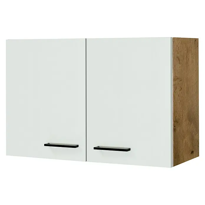 Flex-Well Avila Küchen-Hängeschrank - B x T x H: 80 x 32 x 54,8 cm, Magnolia matt - Zweitüriger Wandschrank mit weißen Fronten, schwarzen Griffen und einer Holzoptik-Seitenwand.