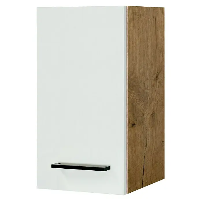 Flex-Well Avila Hängeschrank - B x T x H: 30 x 32 x 54,8 cm, Magnolia matt - Weißer Schrank mit brauner Holzseitenwand und schwarzem Griff.
