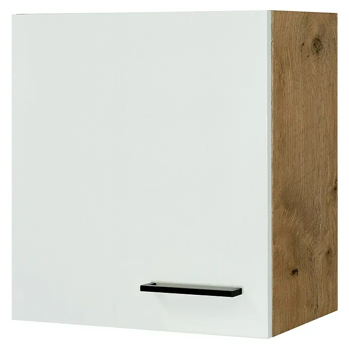 Flex-Well Avila Küchen-Hängeschrank - B x T x H: 50 x 32 x 54,8 cm, Magnolia matt - Weißes Schrankelement mit schwarzem Griff und Holzseitenwand.