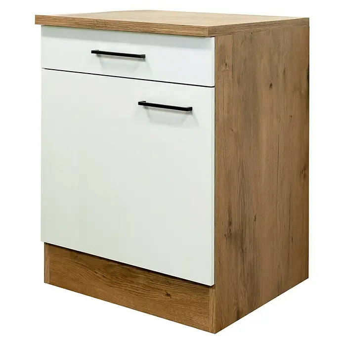 Flex-Well Avila Küchen-Unterschrank - B x T x H: 60 x 60 x 85 cm, Magnolia matt - Modernes Sideboard mit heller Holzoberfläche und zwei weißen Schubladen mit schwarzen Griffen.