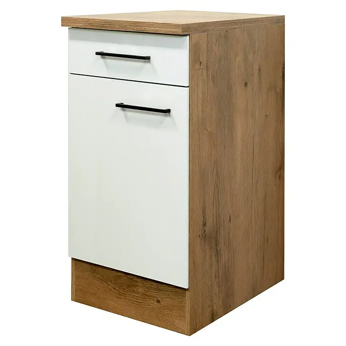 Flex-Well Avila Küchen-Unterschrank - B x T x H: 40 x 60 x 85 cm, Magnolia matt - Kleiner Schrank mit heller Holzoptik und weißen Schubladenfronten, akzentuiert mit schwarzen Griffen.