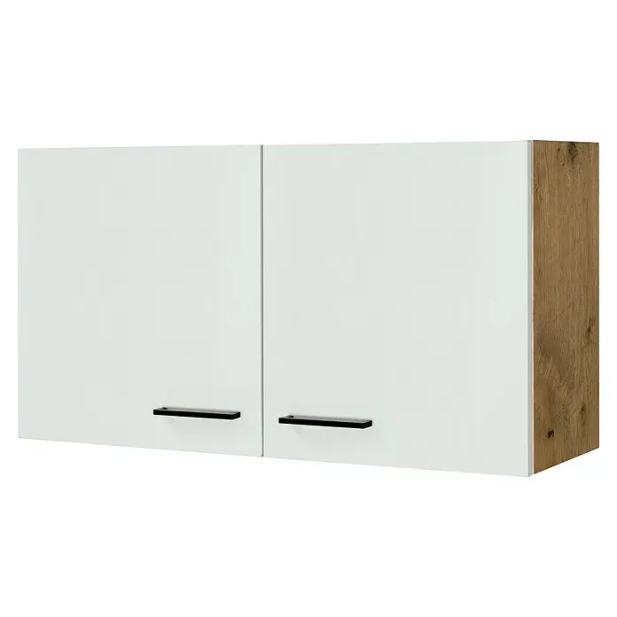 Flex-Well Avila Küchen-Hängeschrank - B x T x H: 100 x 32 x 54,8 cm, Magnolia matt - Zweitüriger weißer Oberschrank mit hellbrauner Holzoptik-Seitenwand und schwarzen Griffen.