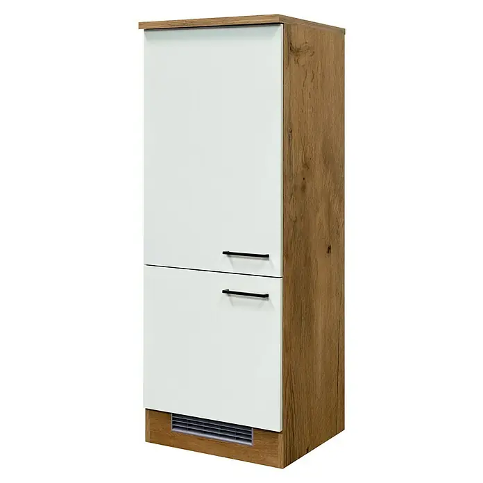 Flex-Well Avila Demi-Geräteumbauschrank - B x T x H: 60 x 60 x 161 cm, Magnolia matt - Hoher Mehrzweckschrank mit weißen Fronten, Holzdekorseiten, zwei Türen mit schwarzen Griffen und Lüftungsgitter unten.