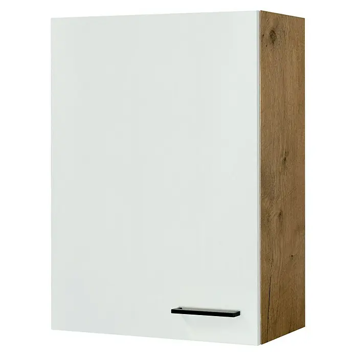 Flex-Well Avila Küchen-Hängeschrank - B x T x H: 60 x 32 x 89 cm, Magnolia matt - Weißer Schrank mit schwarzem Griff und Holzwange.