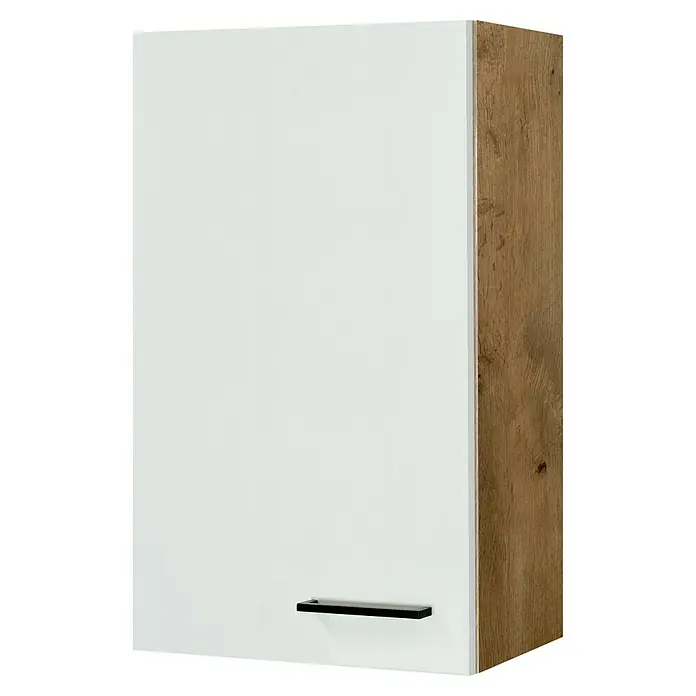 Flex-Well Avila Küchen-Hängeschrank - B x T x H: 50 x 32 x 89 cm, Magnolia matt - Weißer Schrank mit Holzoptik-Seitenwand und schwarzem Griff.
