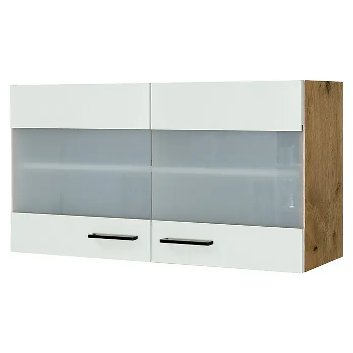 Flex-Well Avila Küchen-Hängeschrank - B x T x H: 100 x 32 x 54,8 cm, Magnolia matt - Weißer Hängeschrank mit zwei Milchglastüren, Holzdekor-Seitenwand und zwei schwarzen Griffen.