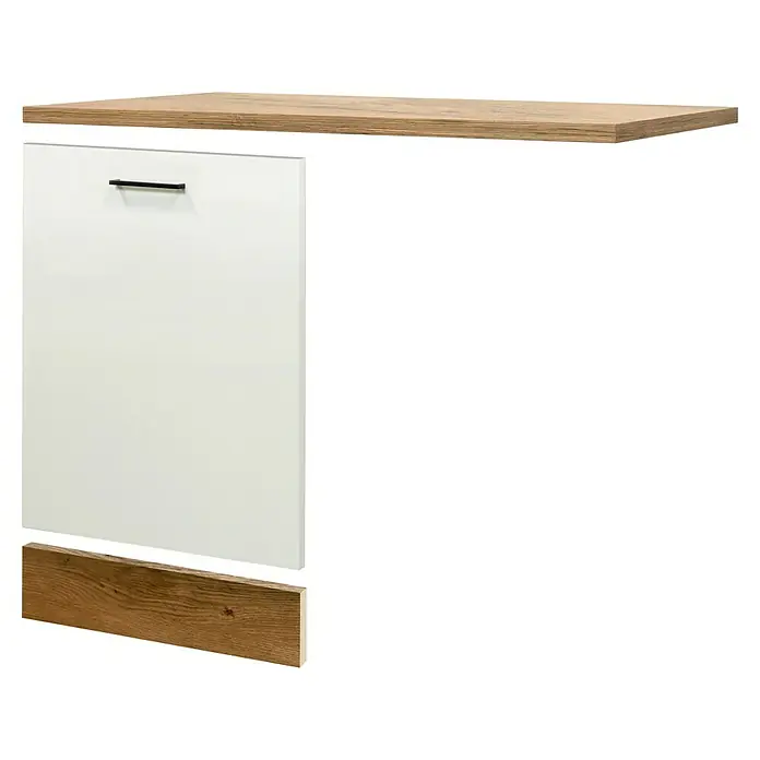 Flex-Well Avila Geschirrspülerfront - B x T x H: 110 x 60 x 85 cm, Magnolia matt - Modulare Küchenschrankteile: helle Holzober- und -unterplatte, weiße Schubladenfront mit schwarzem Griff.