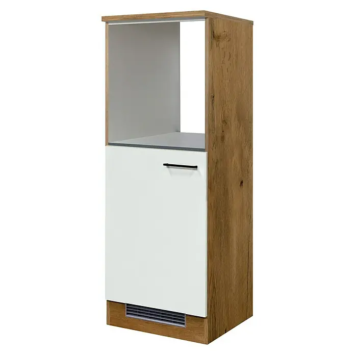 Flex-Well Avila Demi-Geräteumbauschrank - B x T x H: 60 x 57 x 168,5 cm, Magnolia matt - Hoher Holz-Weiß-Geräteschrank mit offenem Fach, geschlossener Tür und Lüftungsgitter.