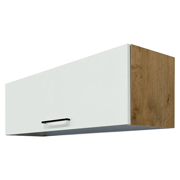 Flex-Well Avila Küchen-Hängeschrank - B x T x H: 100 x 32 x 32 cm, Magnolia matt - Weißer Küchenoberschrank mit heller Holzmaserung an der Seite und schwarzem Griff.