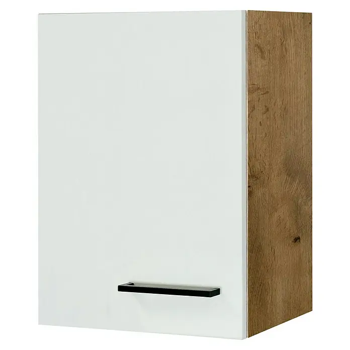 Flex-Well Avila Küchen-Hängeschrank - B x T x H: 40 x 32 x 54,8 cm, Magnolia matt - Modernes weißes Aufbewahrungsschrank mit heller Holzseitenplatte und elegantem schwarzem Griff.