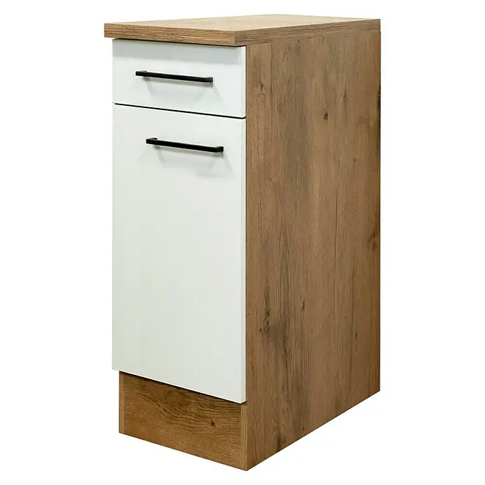 Flex-Well Avila Küchen-Unterschrank - B x T x H: 30 x 60 x 85 cm, Magnolia matt - Schmaler weißer Holzschrank mit zwei oberen Schubladen und einer unteren Tür, alle mit schwarzen Griffen.