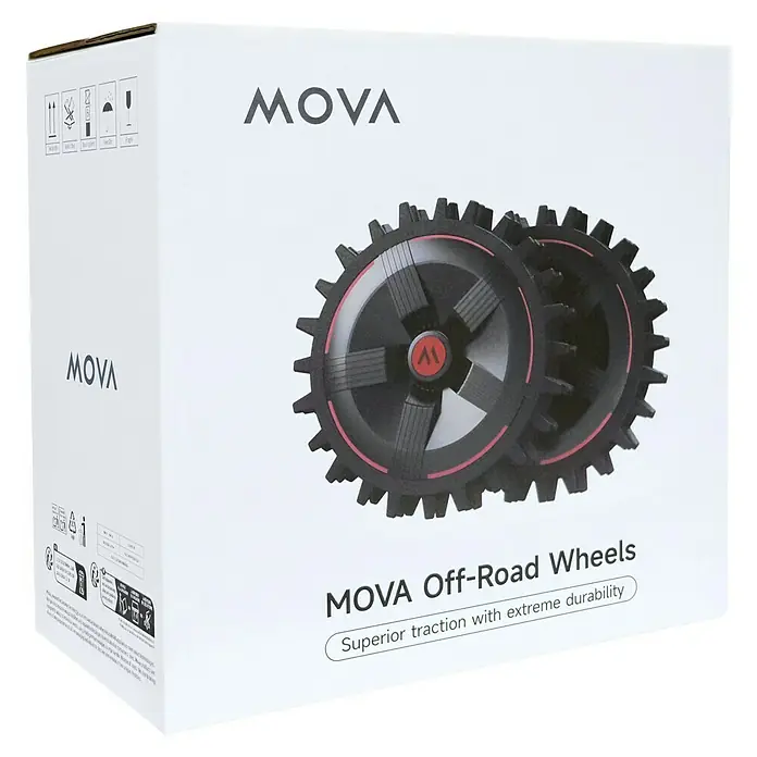 Mova Mähroboter-Geländereifen - Passend für: Mova Mähroboter 1000, 600 und 600 Kit - Weiße MOVA Off-Road Wheels Verpackung mit zwei schwarzen Rädern mit roten Akzenten und robustem Profil für überlegene Traktion.