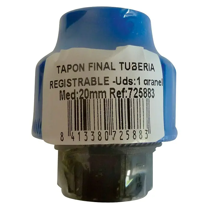 Tapón final tuberías polietileno - Diámetro: 20 mm, Polietileno - Primer plano de un tapón final azul para un tubo, con una etiqueta y un código de barras.