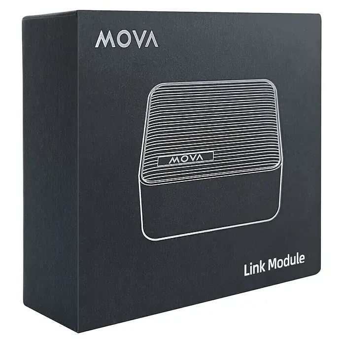 Mova Connectivity-Modul für Mähroboter - Mova Mähroboter 1000, 600 und 600 Kit - Schwarze MOVA Link Modul Verpackung mit Abbildung des Produktes. Kompaktes und stilvolles Design für zuverlässige Konnektivität.