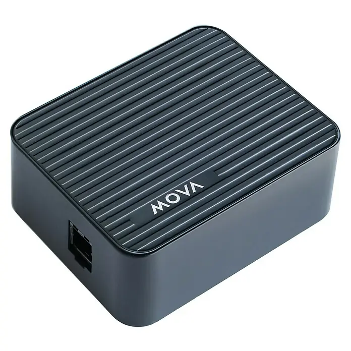 Mova Connectivity-Modul für Mähroboter - Mova Mähroboter 1000, 600 und 600 Kit - Nahaufnahme einer MOVA-Box mit einem gerippten Design auf der Oberseite, ideal für Netzwerk- und Konnektivitätslösungen.